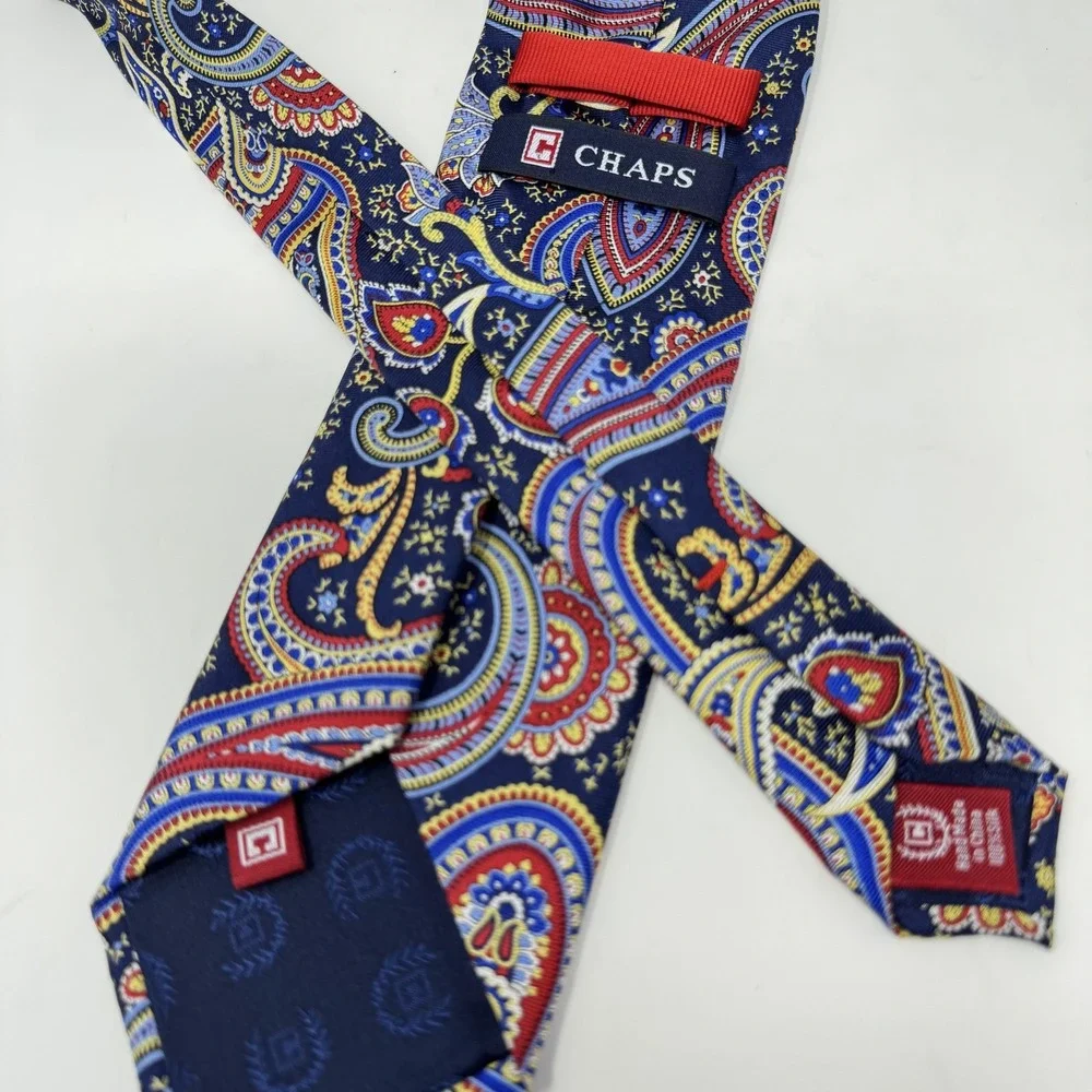 Chaps Neckties Mens Navy Paisley Silk + Navy Green Stripe Polyester Lot of 2‎
